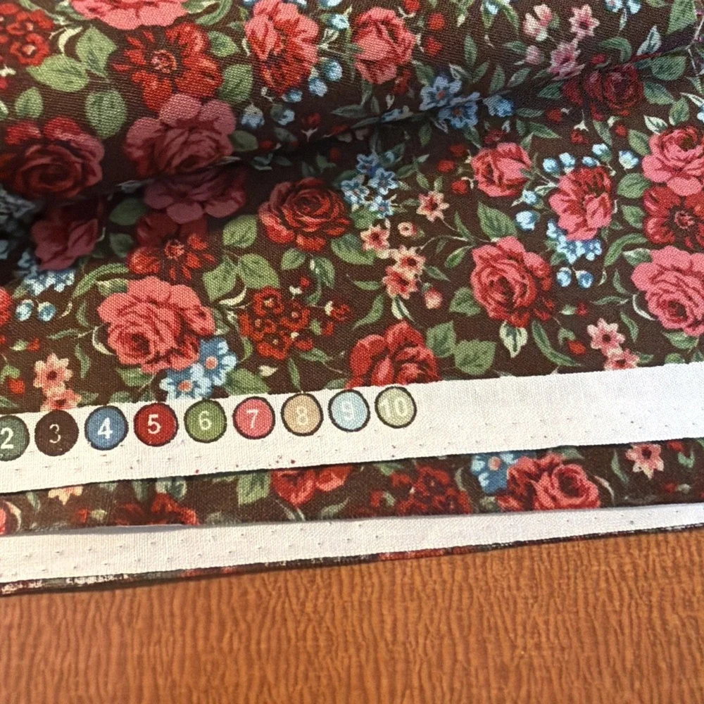 Vtg Red Pink Roses On Brown With Blue Flowers 1.5 Yards By MBT